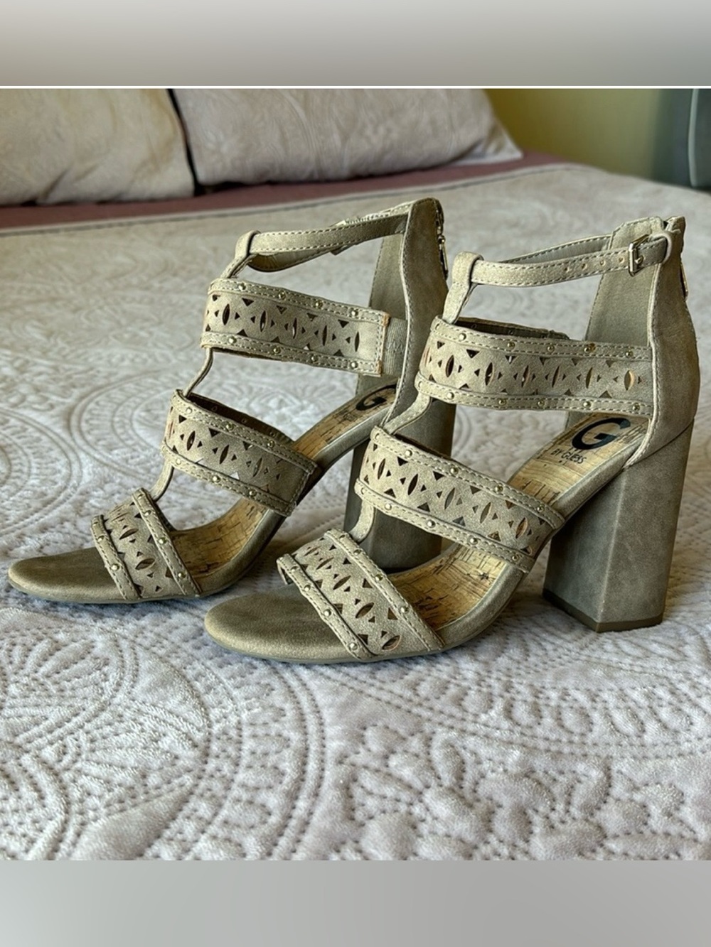 G by GUESS Taupe Laser-Cut Strappy Block Heel Sandals